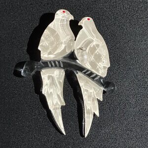 1940s Reverse Painted Lucite Lovebirds Brooch Clear Vintage Bird Pin